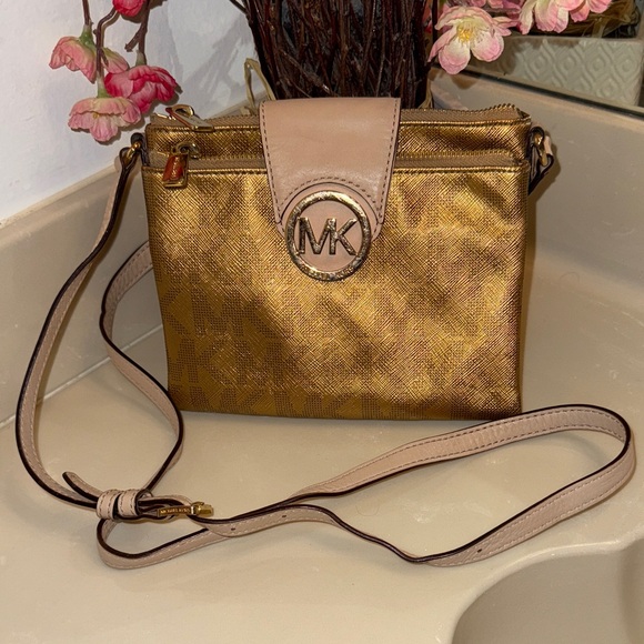Michael Kors Handbags - Michael Kors Gold and Tan Crossbody Bag